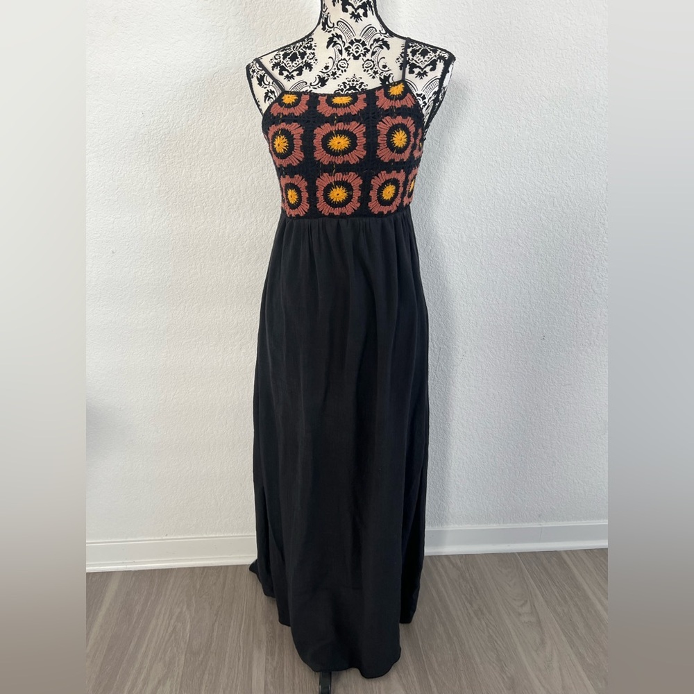 Say What? Black Boho Maxi Dress Crochet Floral Bodice Sleeveless Size S